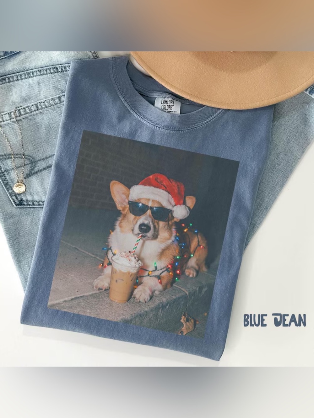 Comfort Colors Blue Jean Graphic Dog Tee with Festive Corgi Print